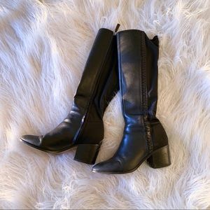 Franco Sarto black leather knee high riding boots with stretch panel mid heel